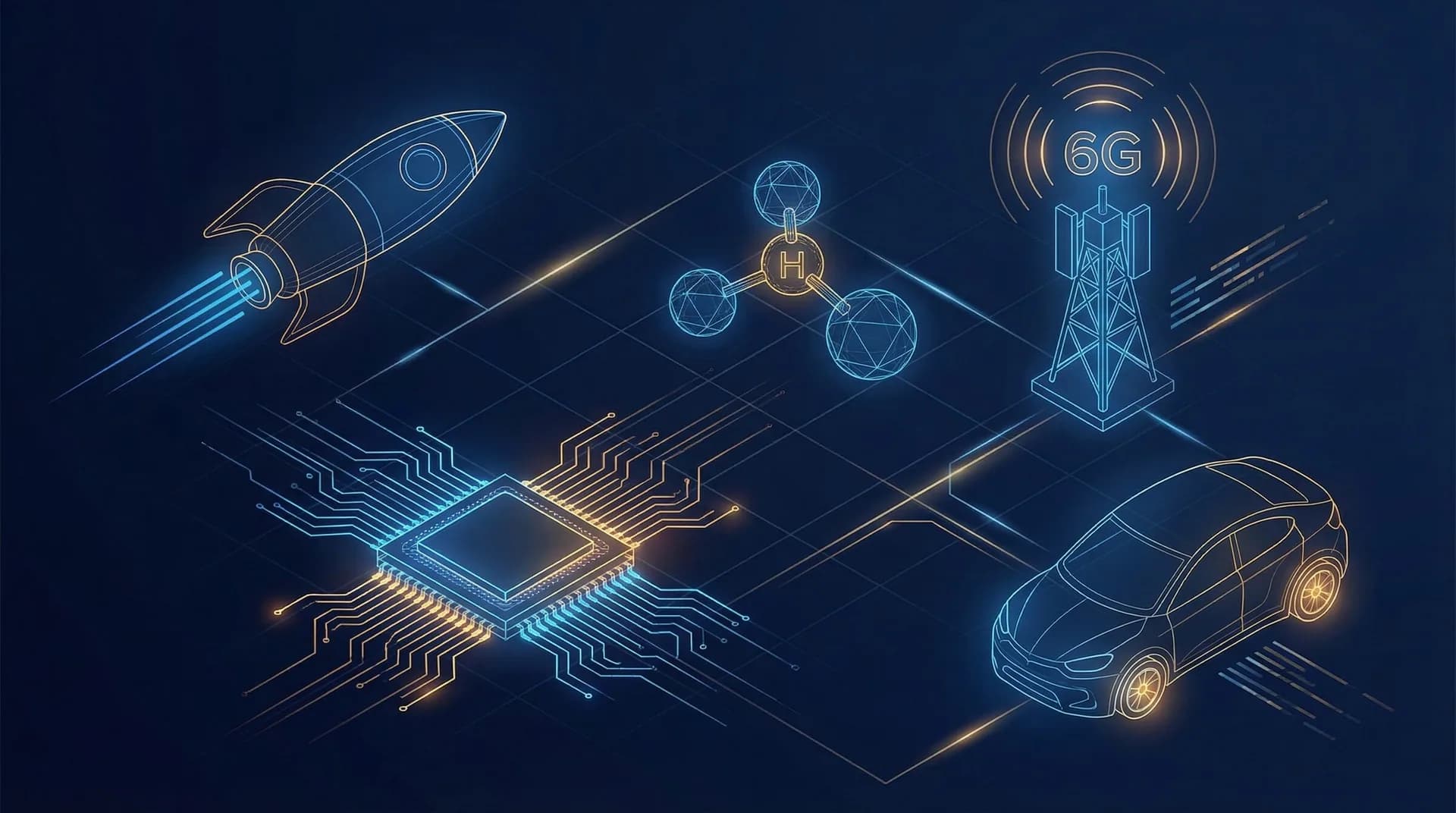 Isometric wireframe illustration of European deep tech hardware: rocket, semiconductor chip, hydrogen molecule, 6G tower, and autonomous vehicle