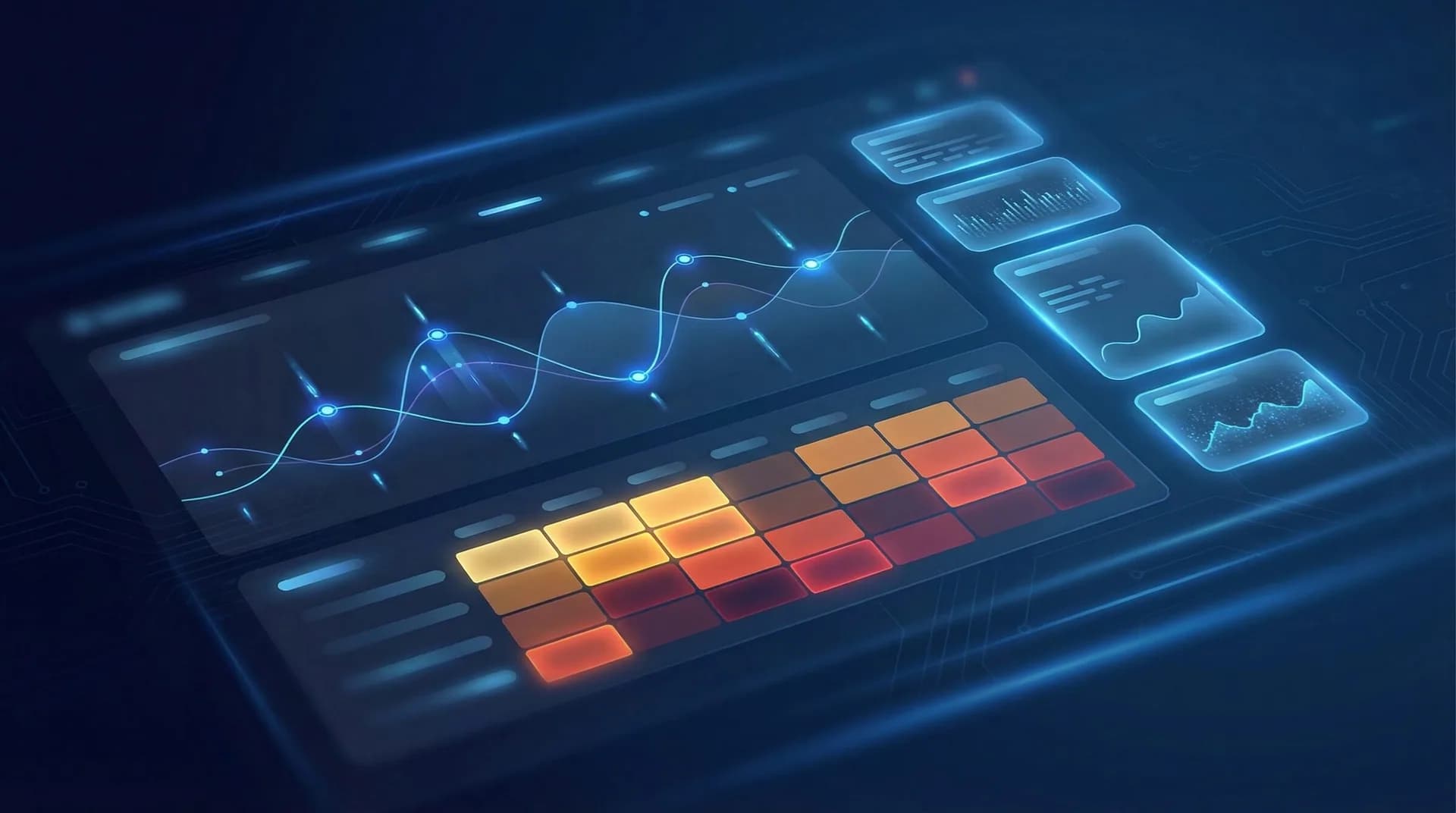 Futuristic analytics dashboard with heatmap visualization and glowing data charts representing Pulse LiveView